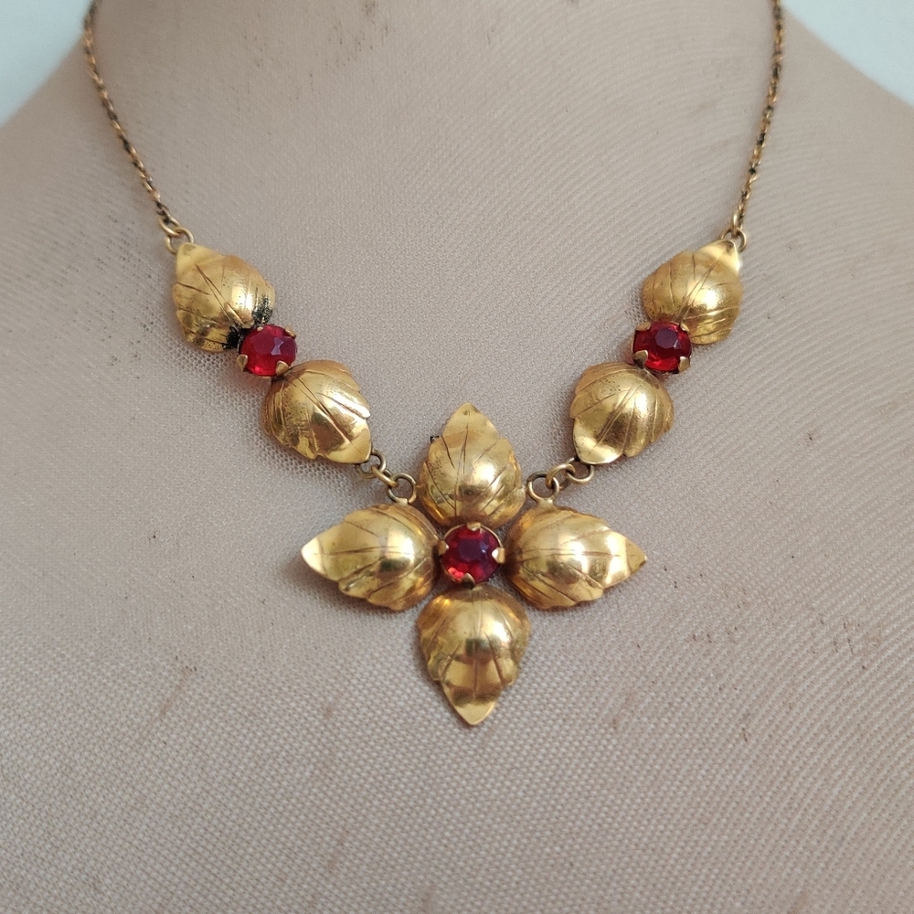 Vintage Gold Filled Statement Necklace w/ Flowers and Faux Rubies